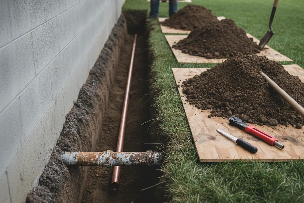 Excavated water line trench during Water Softener Installation in Owings Mills